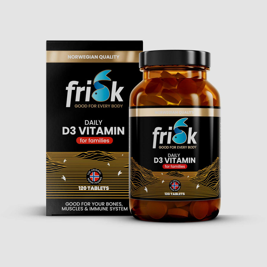 Front view of Frisk vitamin D3 supplement bottle original line beside packaging box health and supplements for families