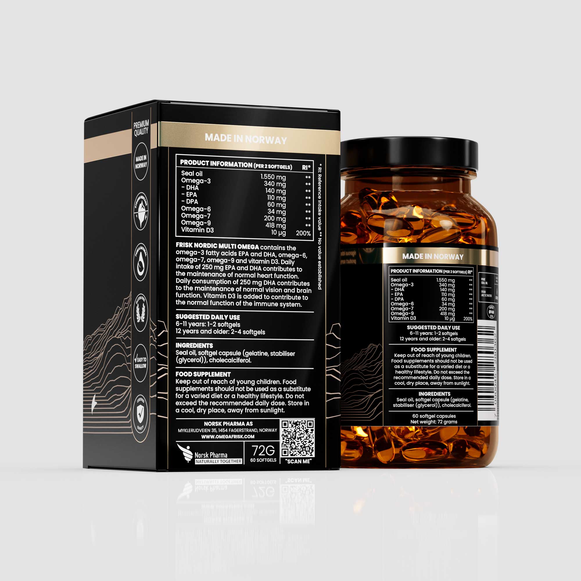 Back view of multi omega supplement 60 soft gels bottle original line beside packaging box health and supplements