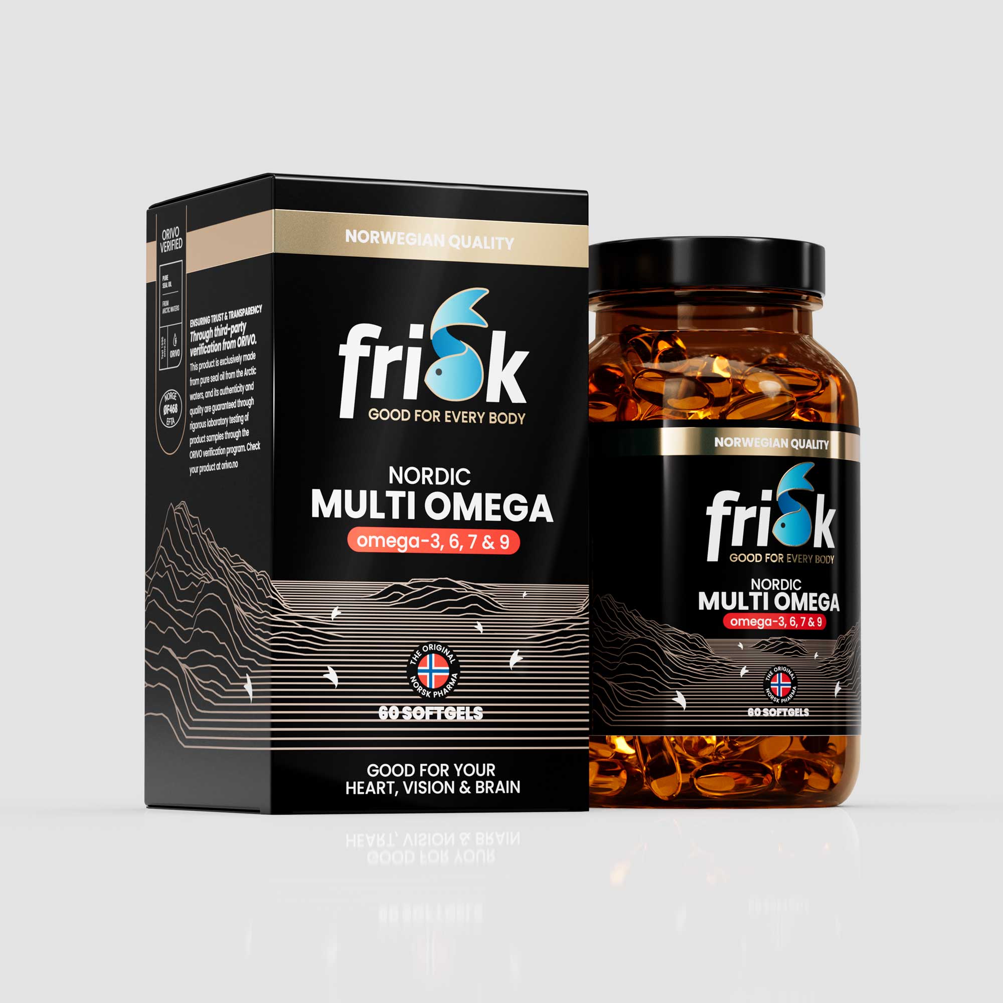 Side view of multi omega supplement 60 soft gels bottle original line beside packaging box health and supplements