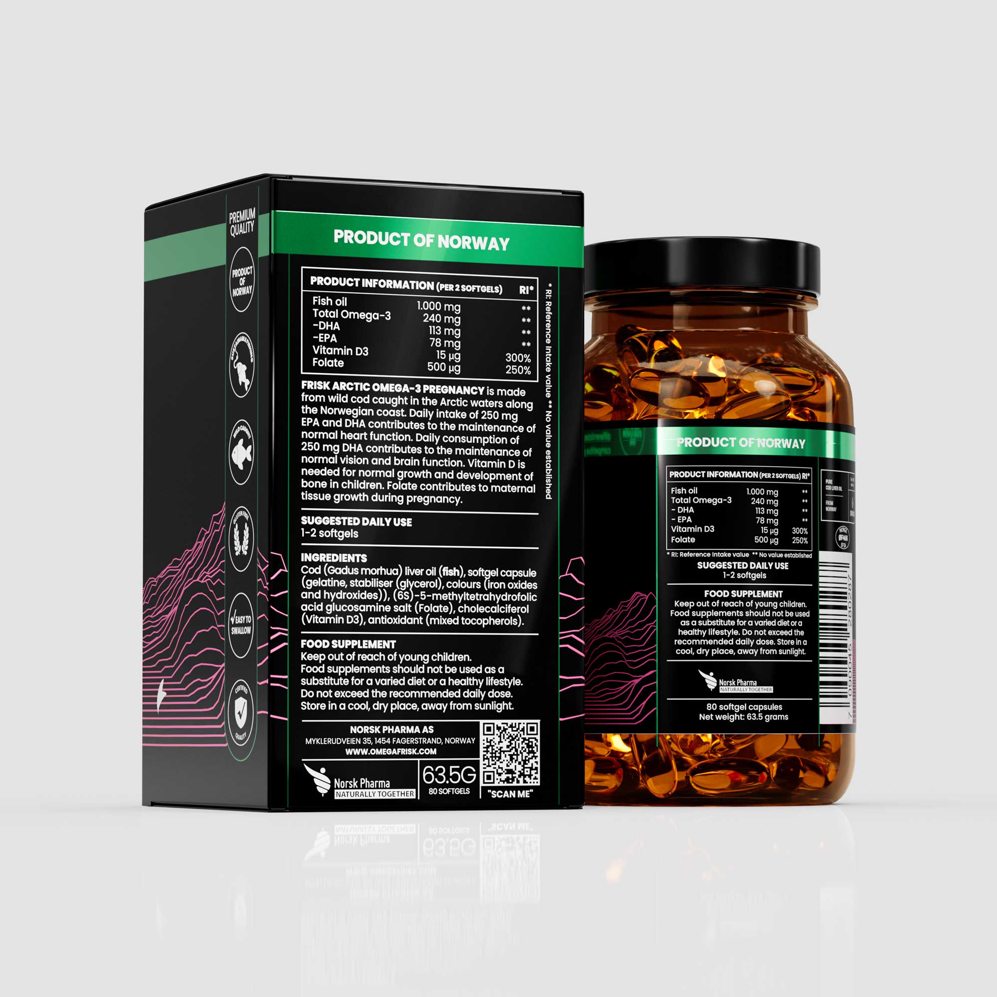 Back view of Frisk Omega 3 vitamin D3 supplement bottle arctic line beside packaging box health and supplements for pregnancy