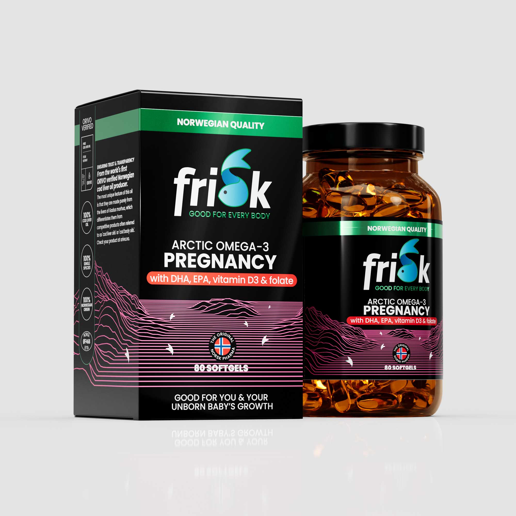 Side view of Frisk Omega 3 vitamin D3 supplement bottle arctic line beside packaging box health and supplements for pregnancy