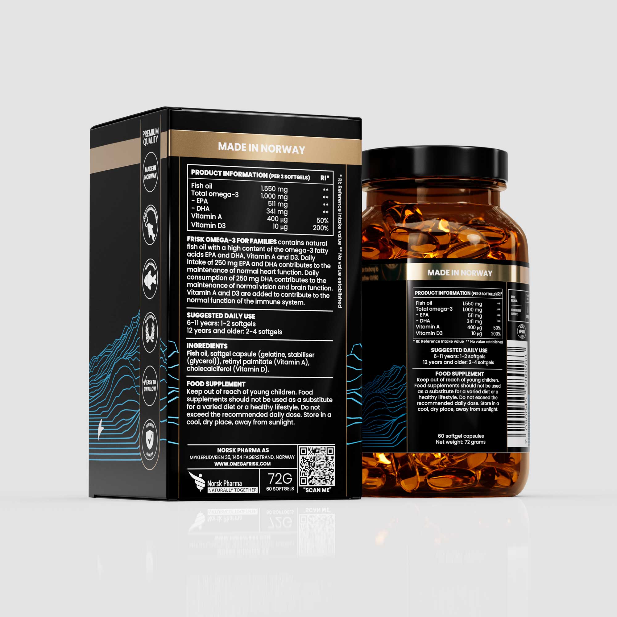 Back view of Omega 3 D3 vitamin A supplement bottle original line beside packaging box health and supplements for families