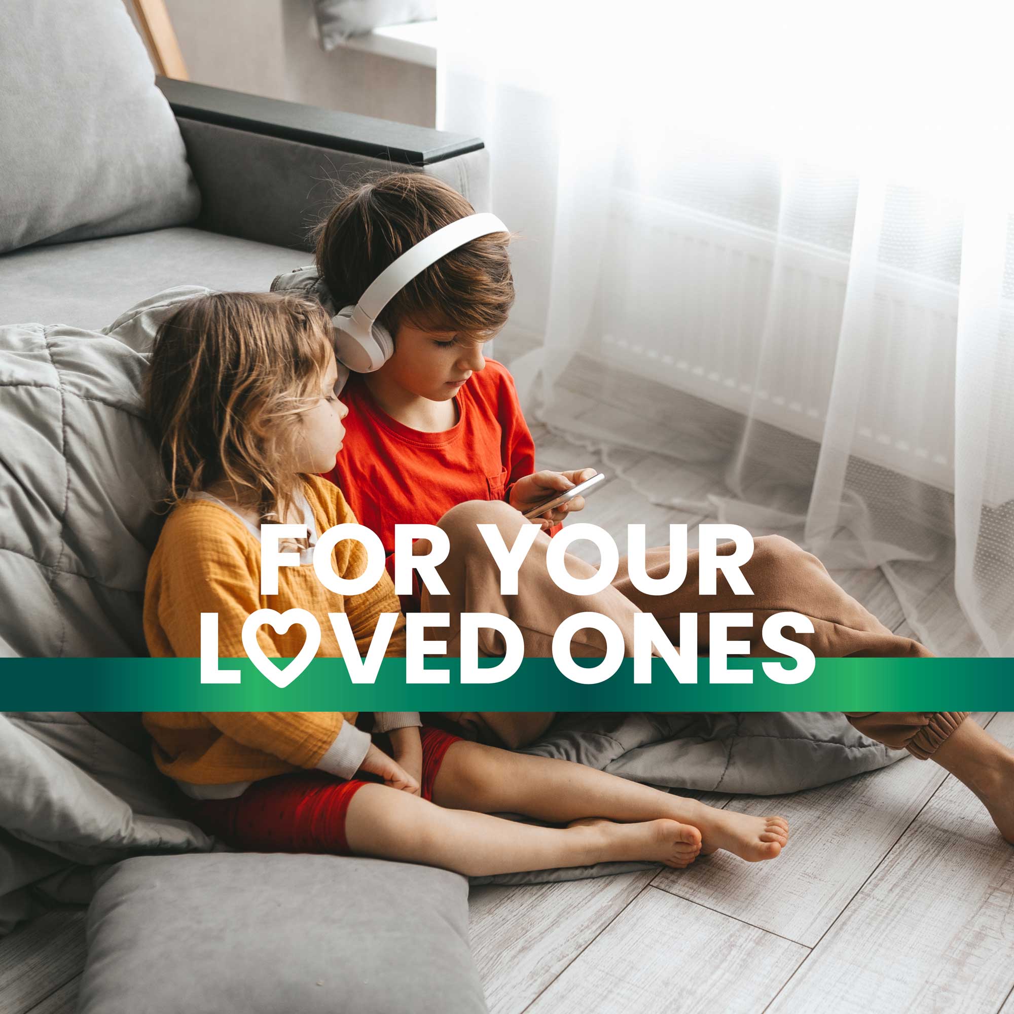 Boy and a girl listening music in the bedroom Frisk supplements text overlay reads “For your loved ones”