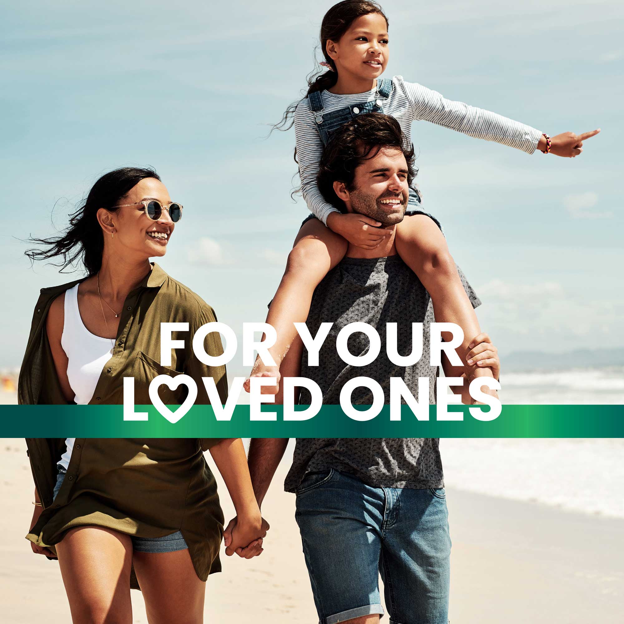 Smiling family walking on the beach promoting health lifestyle with Frisk supplements text overlay reads “For your loved ones”