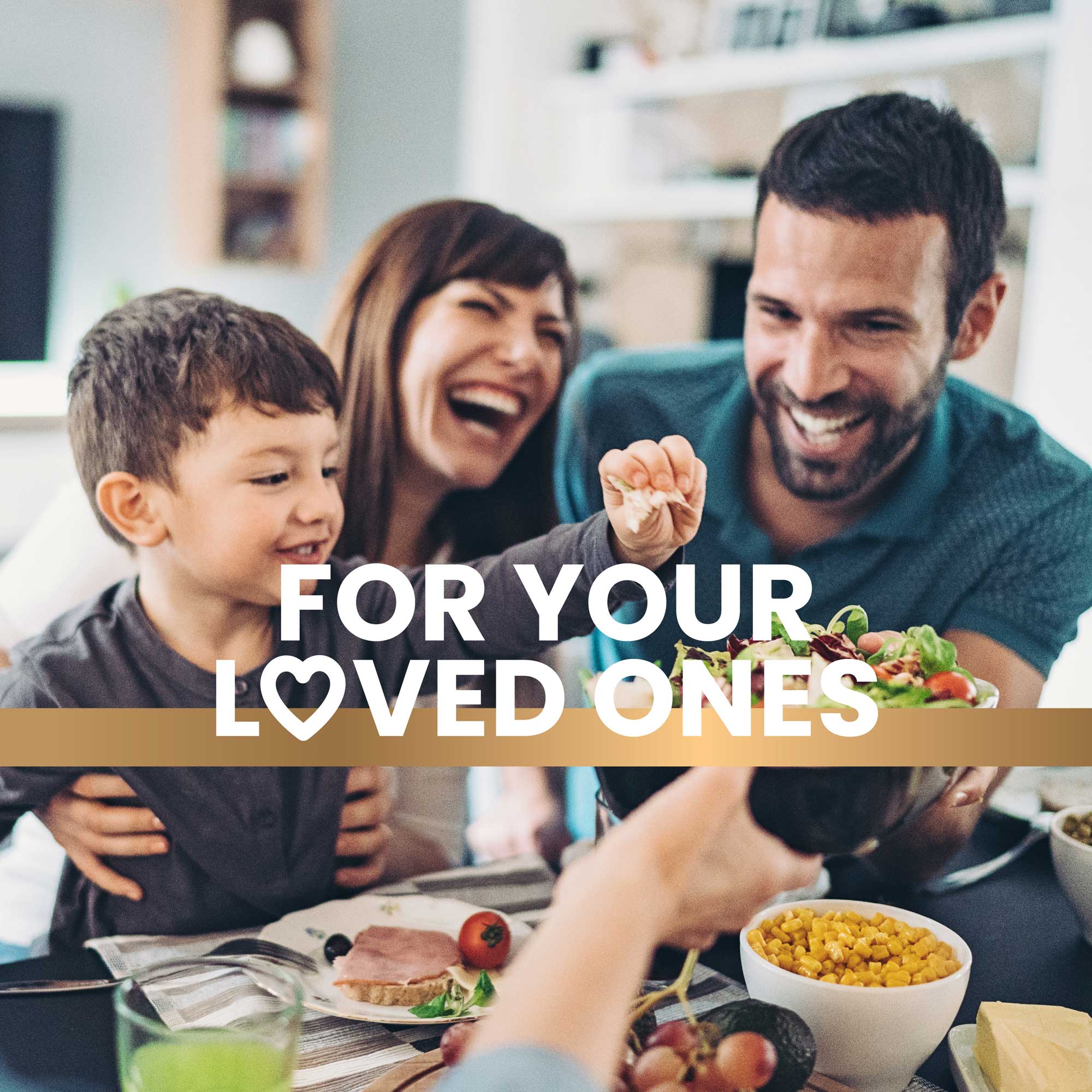 Happy family sharing breakfast over the dining table, promoting a healthy lifestyle with Frisk supplements text overlay reads “For your loved ones”