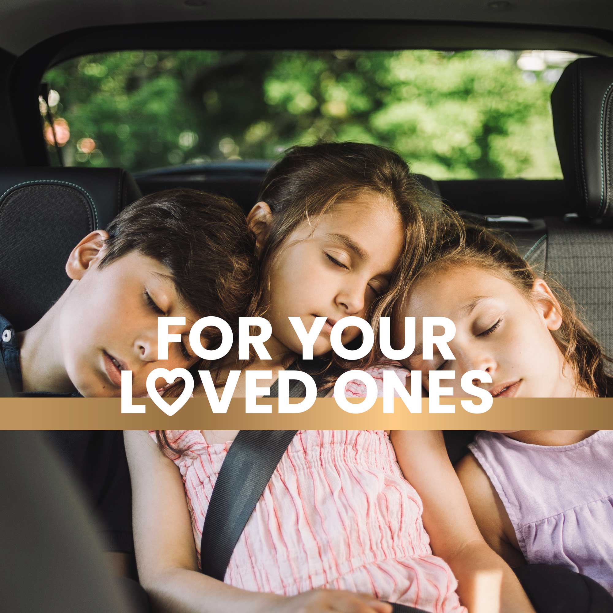 Kids sleeping on the backseat of the car promoting a healthy lifestyle with Frisk supplements text overlay reads “For your loved ones”