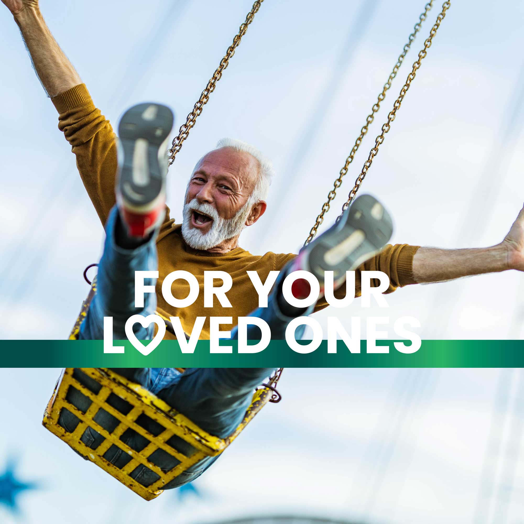 The old man on the flying chair with his arms open, excited promoting a healthy lifestyle with Frisk supplements text overlay reads “For your loved ones”