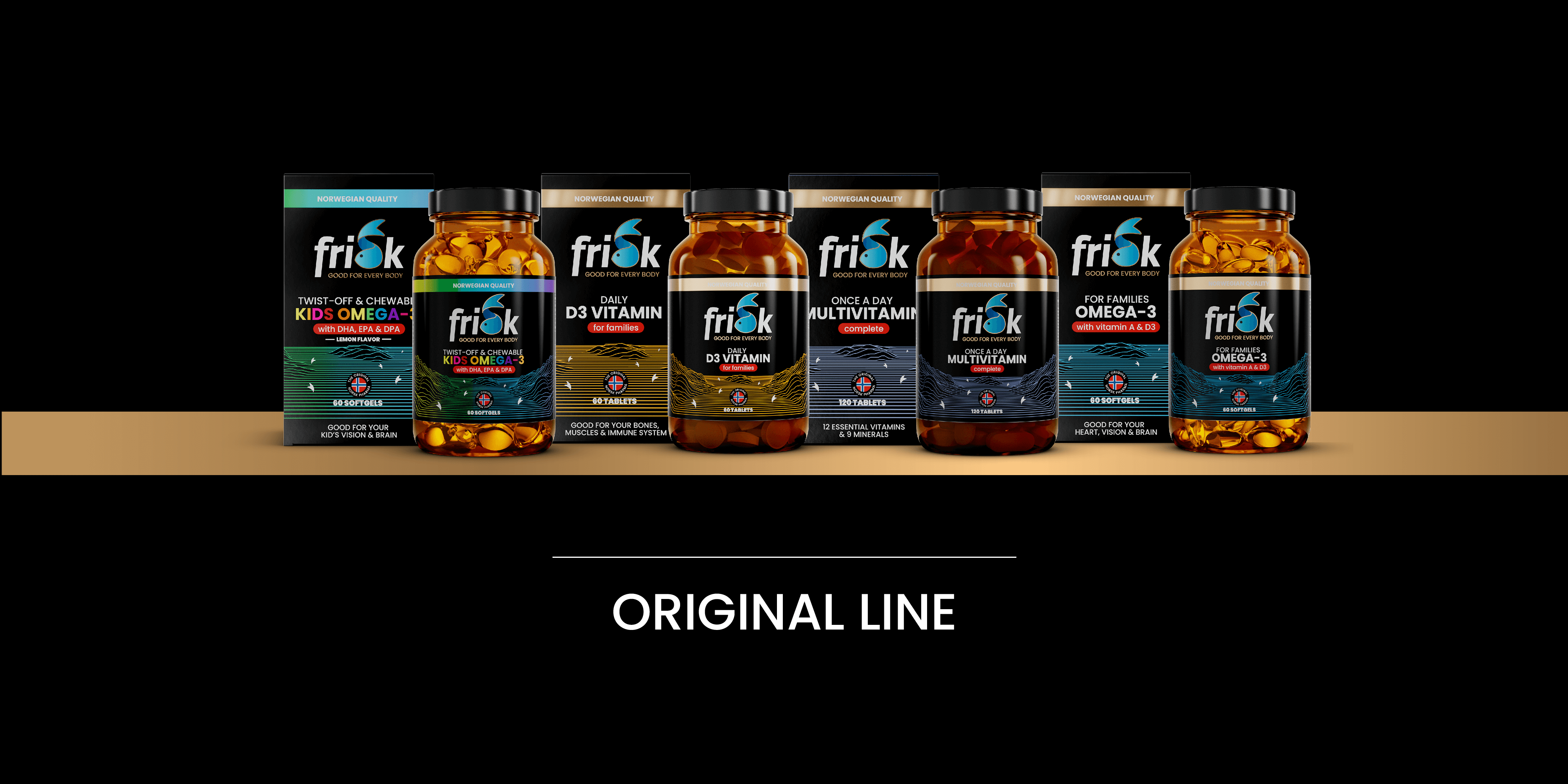 Complete Frisk Original Line product range featuring premium Omega-3 fish oil D3 vitamin supplements, including specialised formulas for Athletes, Families, Pregnancy, and Juniors, showcasing Norwegian quality