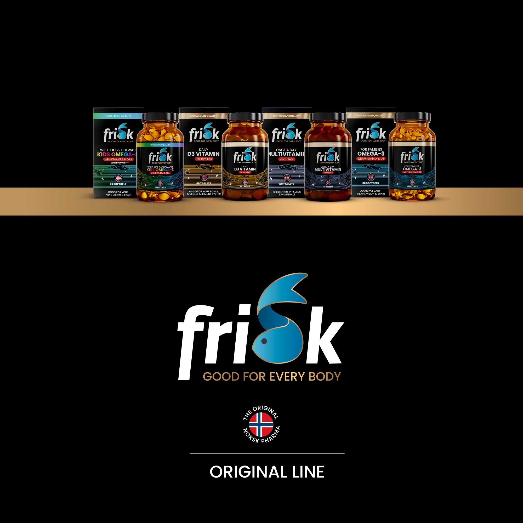 Complete Frisk Original Line product range featuring premium Omega-3 fish oil supplements, Multivitamins including specialised formulas for Athletes, Families, and Juniors, showcasing Norwegian quality and brand logo with tagline Good For Every Body