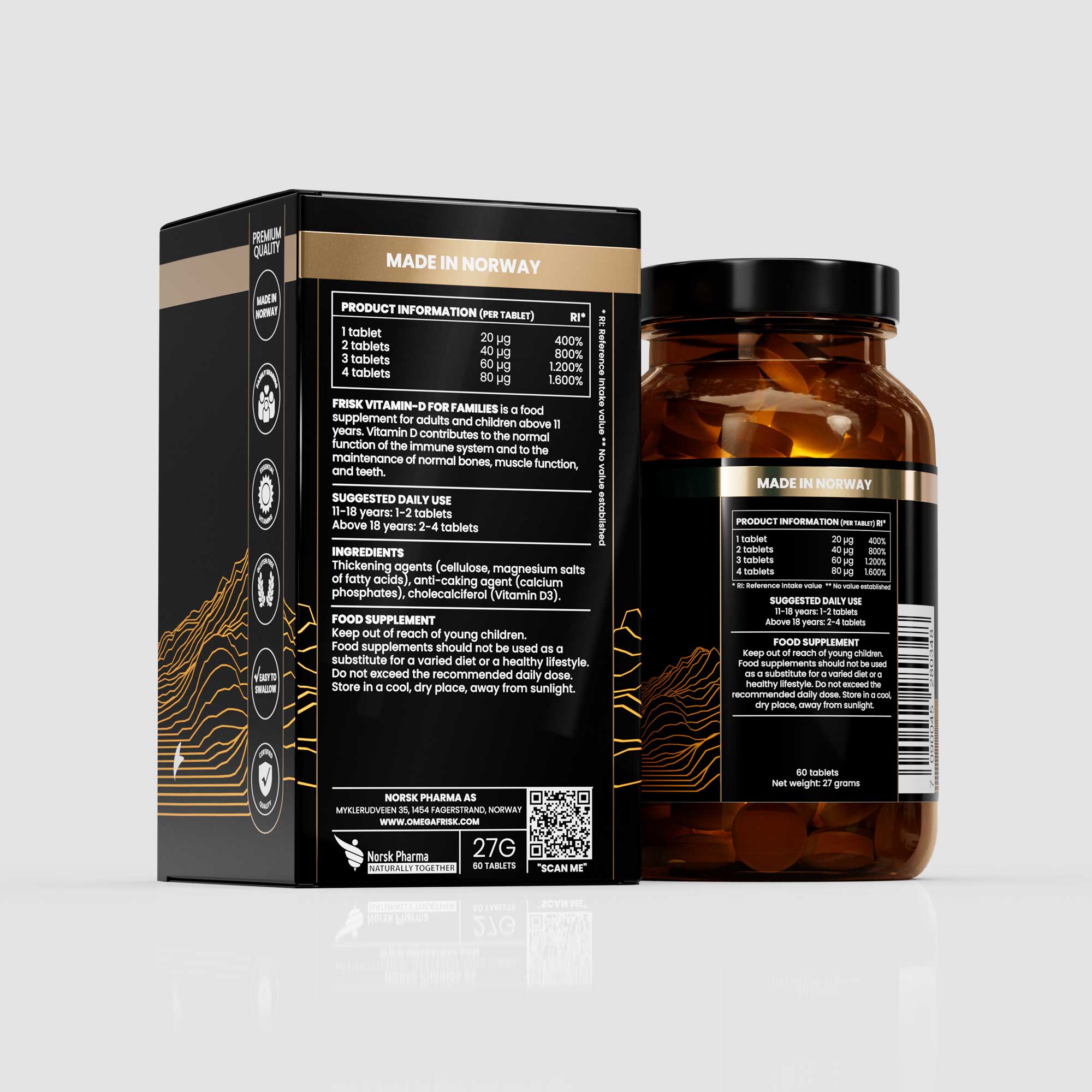 Back view of Frisk vitamin D3 supplement bottle original line beside packaging box health and supplements