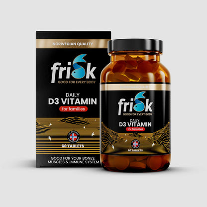 Front view of Frisk vitamin D3 supplement bottle original line beside packaging box health and supplements