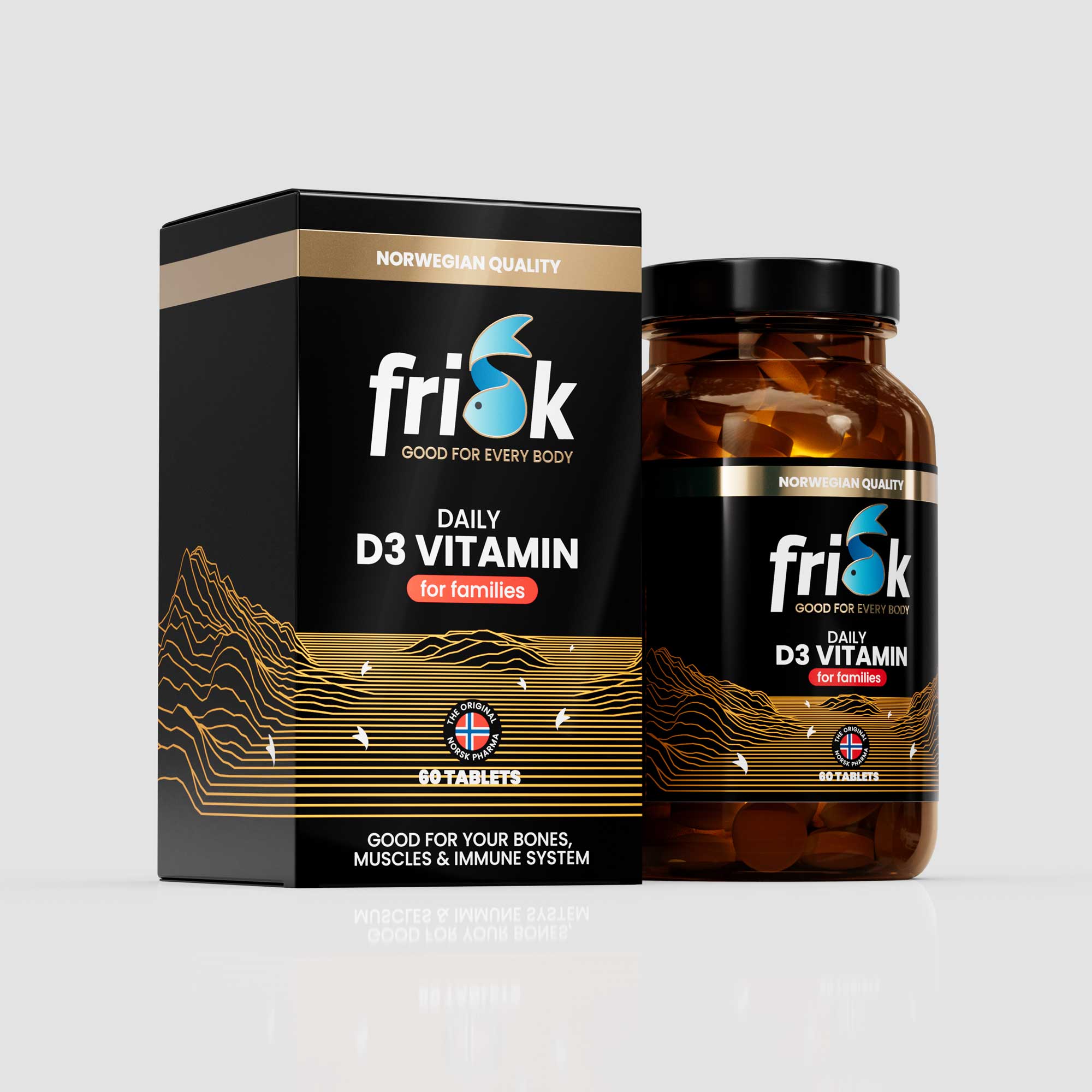 Side view of Frisk vitamin D3 supplement bottle original line beside packaging box health and supplements