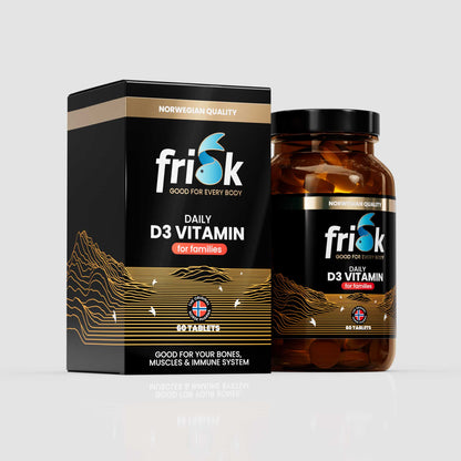 Side view of Frisk vitamin D3 supplement bottle original line beside packaging box health and supplements