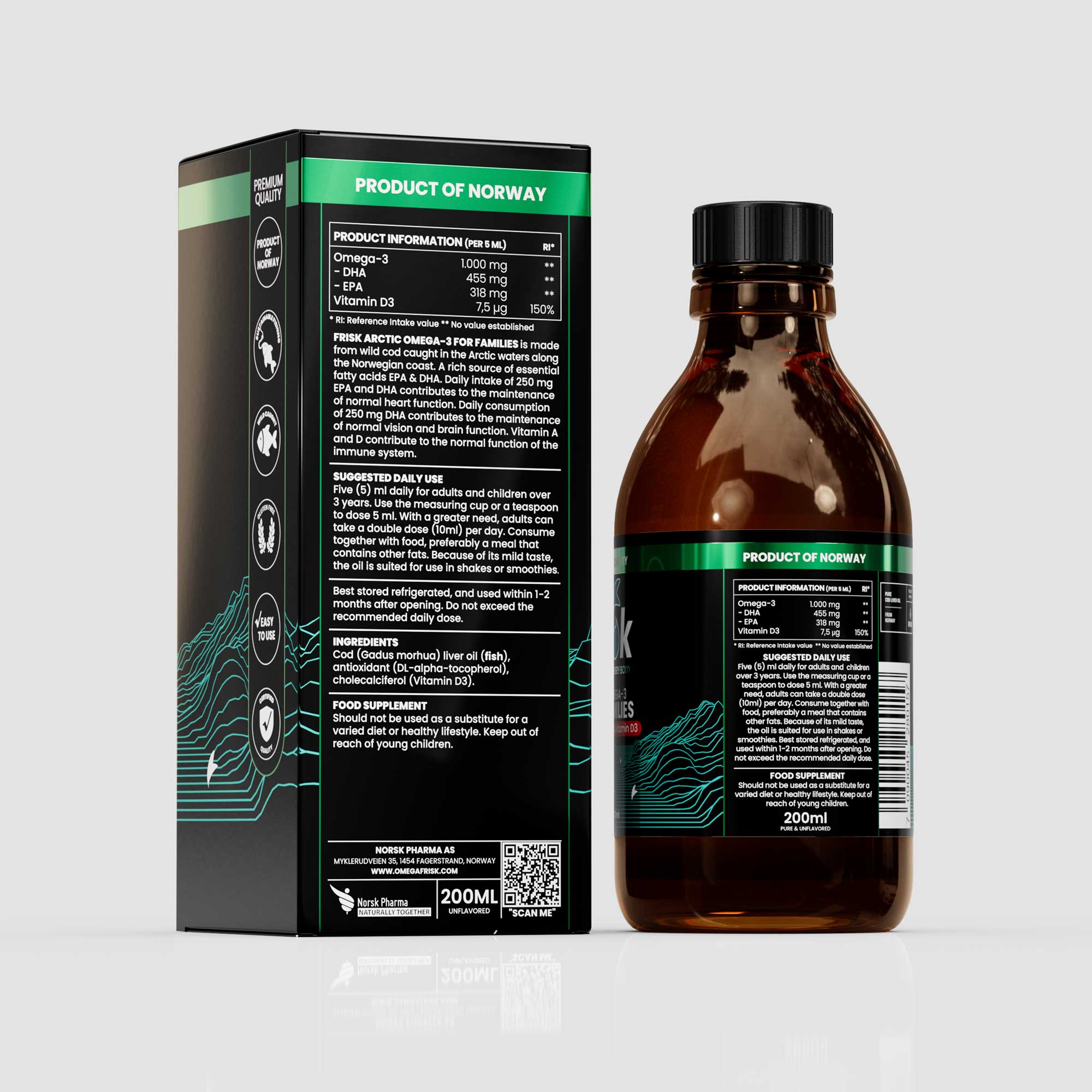 Back view of Frisk Omega-3 for family supplement 200 ml bottle beside packaging box for nutrition and supplements