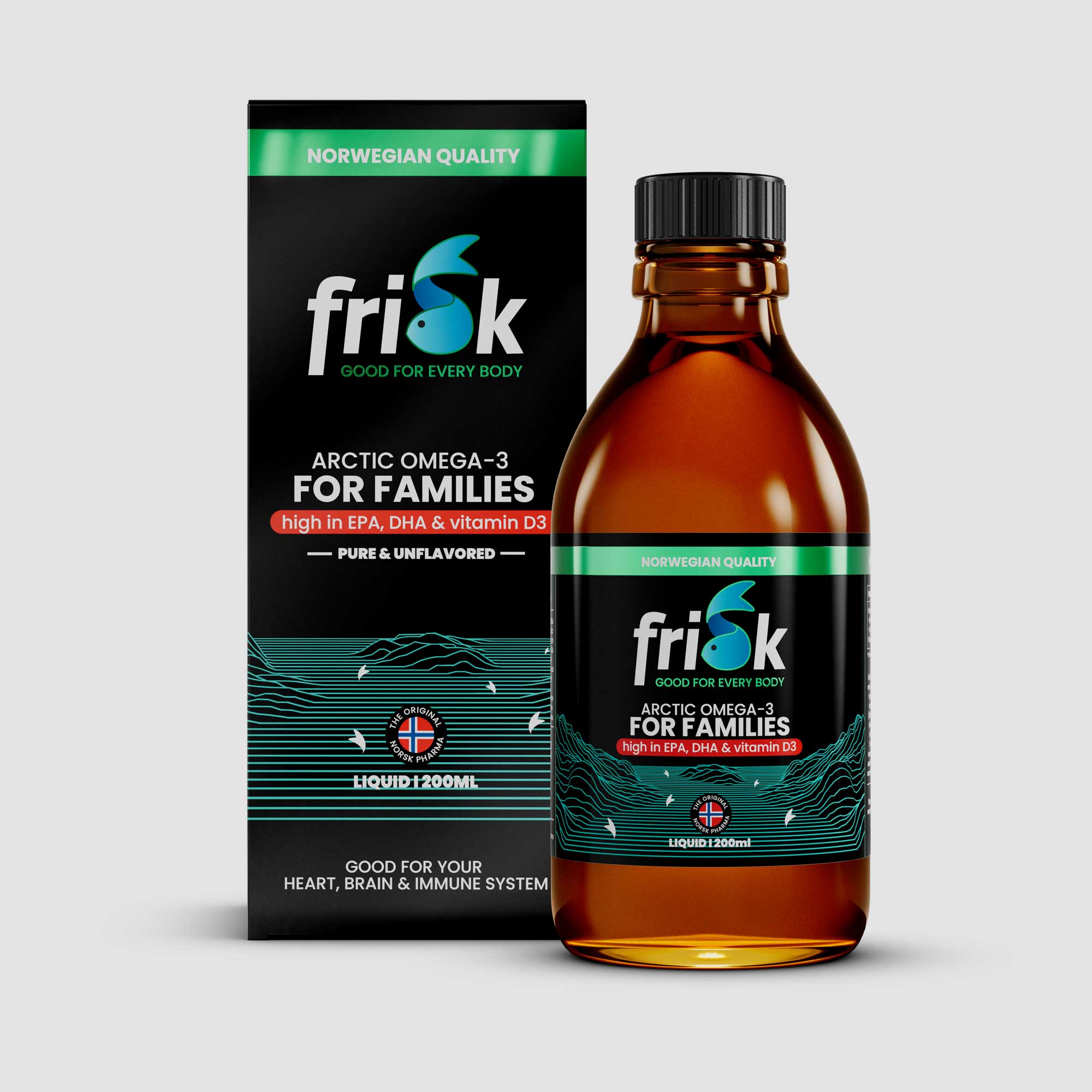 Front view of Frisk Omega-3 for family supplement 200 ml bottle beside packaging box for nutrition  and supplements