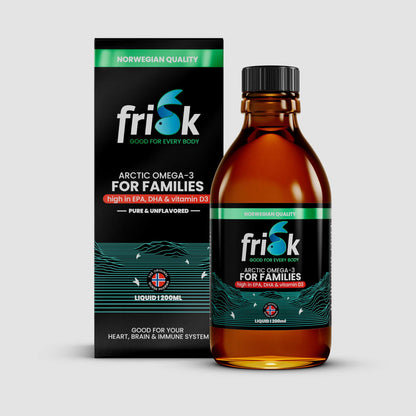 Front view of Frisk Omega-3 for family supplement 200 ml bottle beside packaging box for nutrition  and supplements