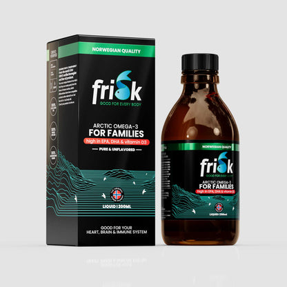 Side view of Frisk Omega-3 for family supplement 200 ml bottle beside packaging box for nutrition  and supplements