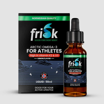 Front view of Frisk Omega-3 supplement 50 ml bottle beside packaging box for athletes’ health and supplements