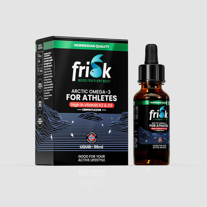 Side view of Frisk Omega-3 supplement 50 ml bottle beside packaging box for athletes’ health and supplements