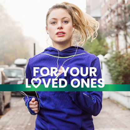 Young girl jogging on a street, promoting a healthy lifestyle with Frisk supplements. Text overlay reads 'For your loved ones.