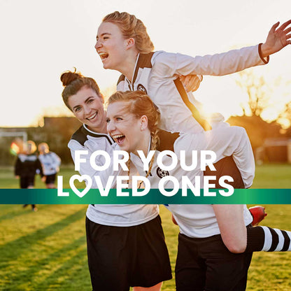 Young girls celebrating on a football field, promoting a healthy lifestyle with Frisk supplements. Text overlay reads 'For your loved ones.