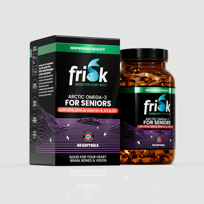 Side view of Frisk Fish oil Omega-3 vitamin D3 vitamin A vitamin K2 supplement bottle arctic line beside packaging box for seniors health and supplements