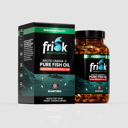 Side view of Frisk Fish oil Omega-3 vitamin D3 vitamin A supplement 50 ml bottle arctic line beside packaging box for health and supplements