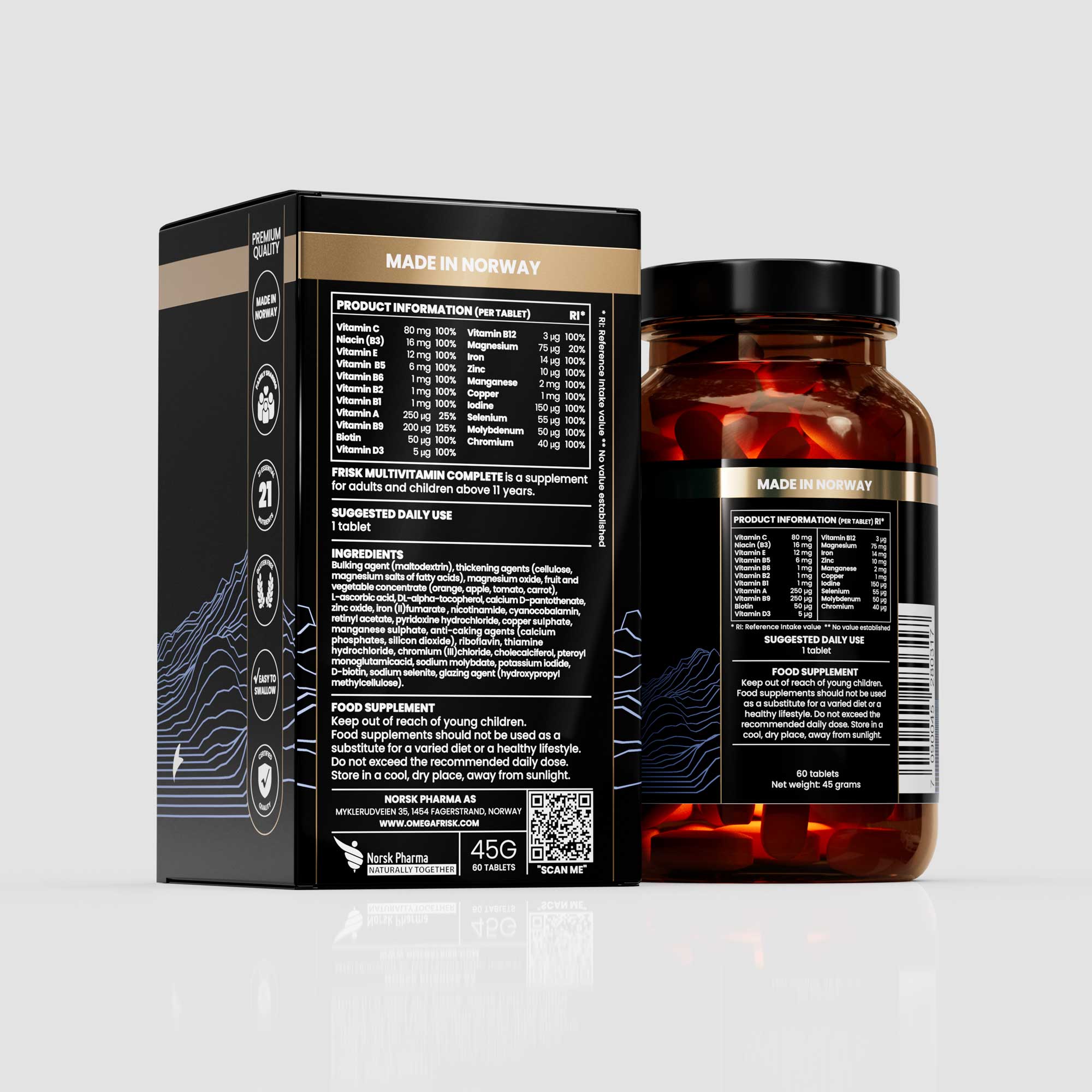 Back view of Frisk multivitamin complete supplement bottle original line beside packaging box health and supplements