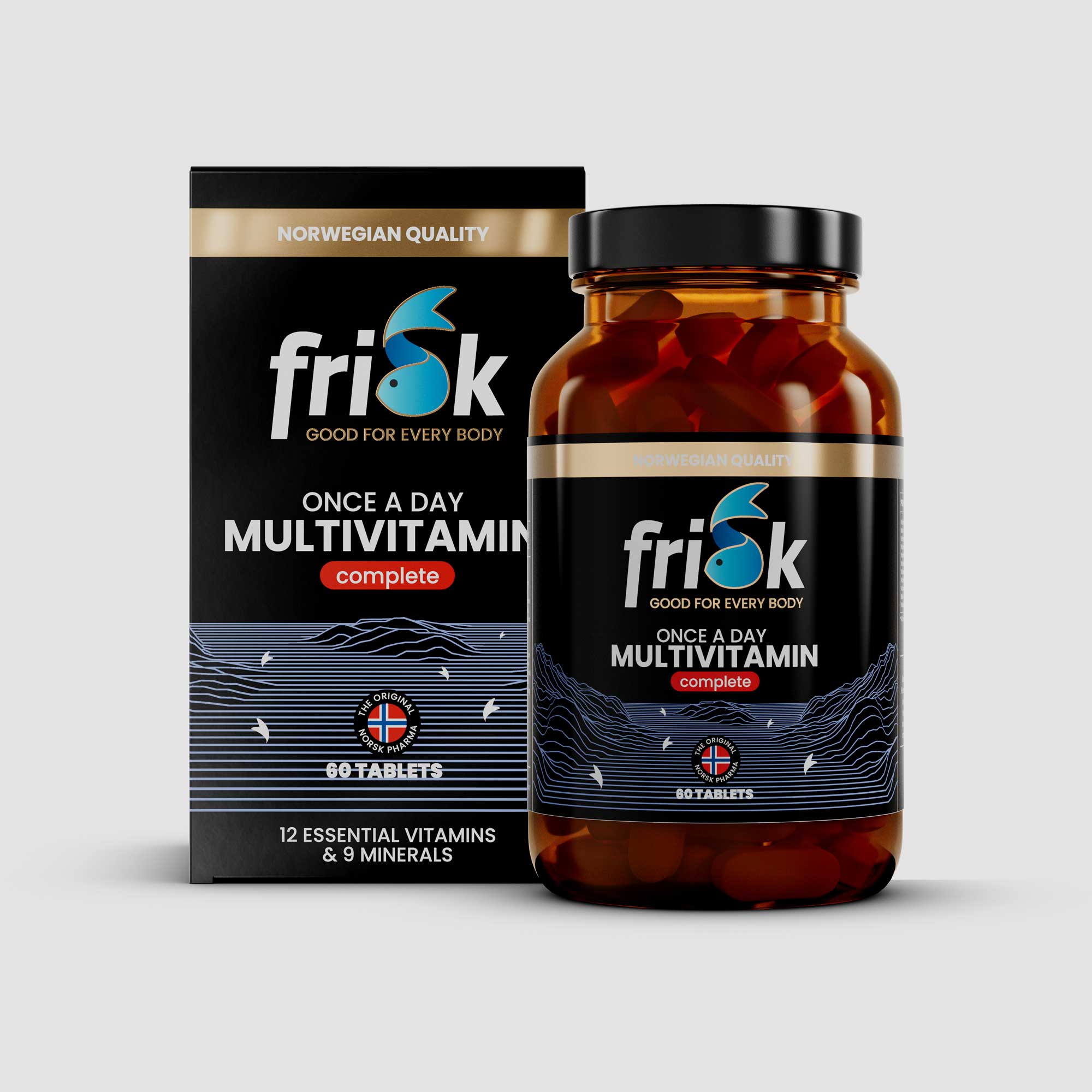 Front view of Frisk multivitamin complete supplement bottle original line beside packaging box health and supplements