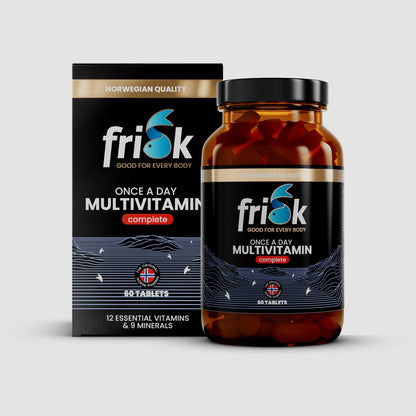 Front view of Frisk multivitamin complete supplement bottle original line beside packaging box health and supplements