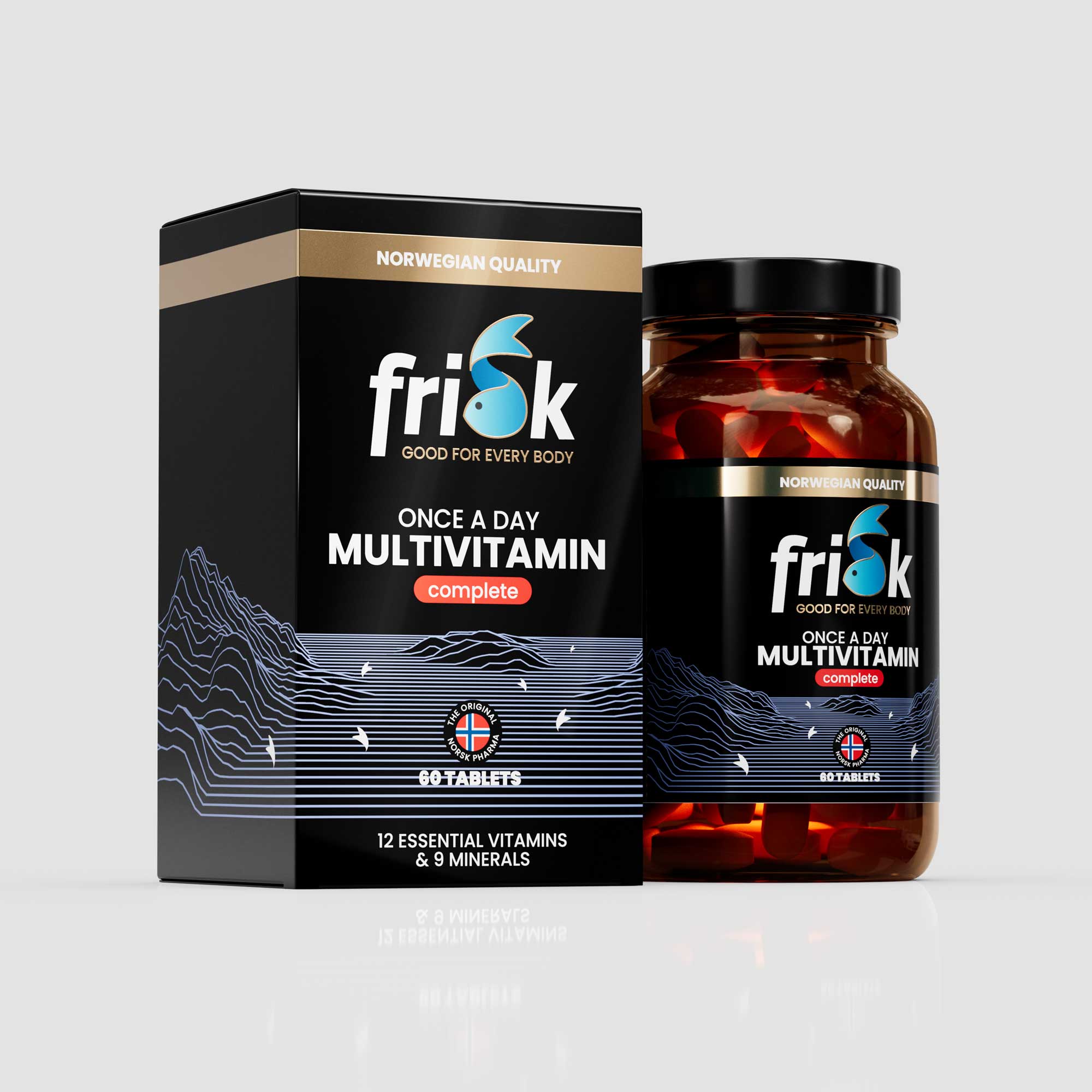 Side view of Frisk multivitamin complete supplement bottle original line beside packaging box health and supplements