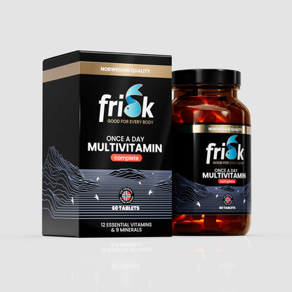 Side view of Frisk multivitamin complete supplement bottle original line beside packaging box health and supplements