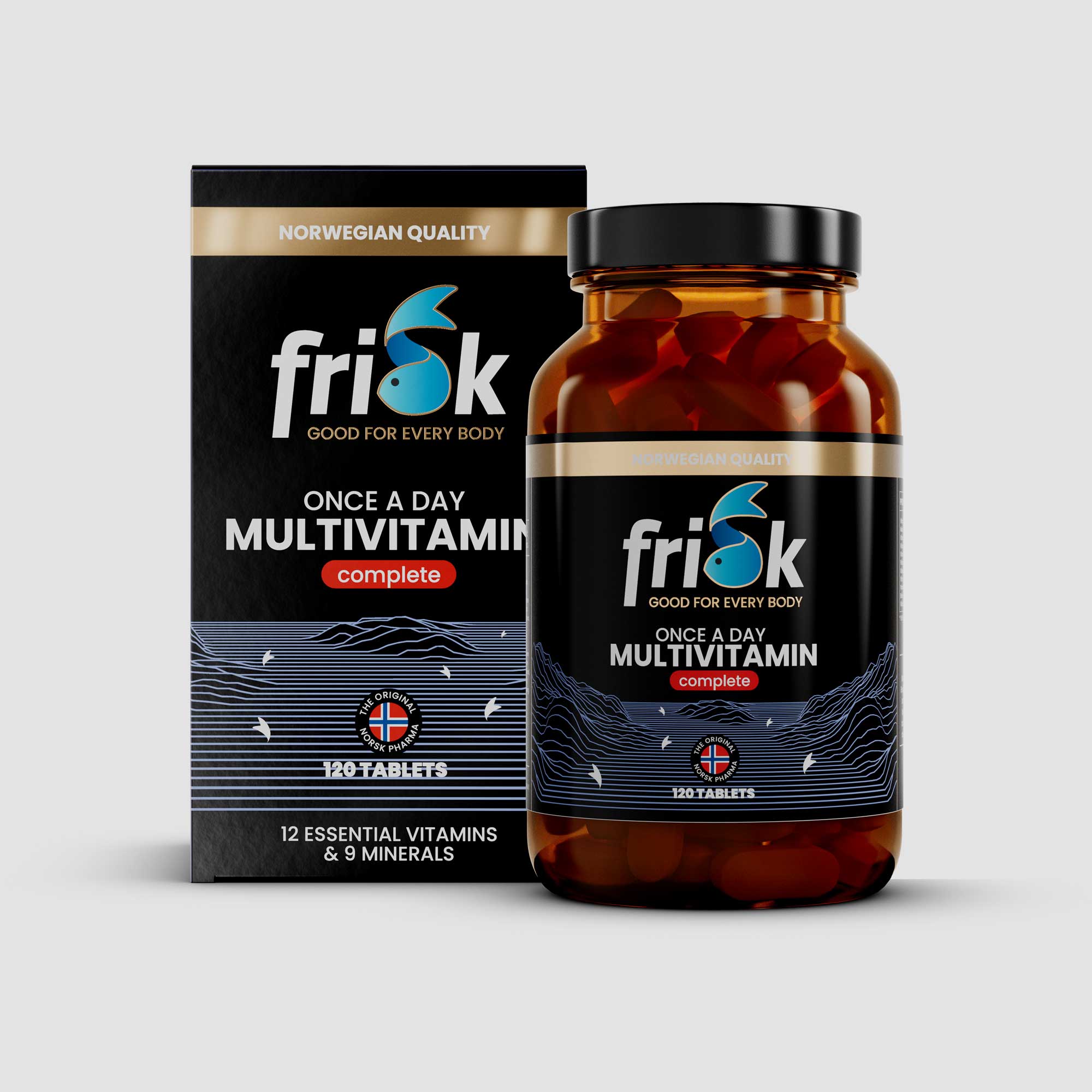 Front view of Frisk multivitamin supplement bottle original line beside packaging box for health and supplements