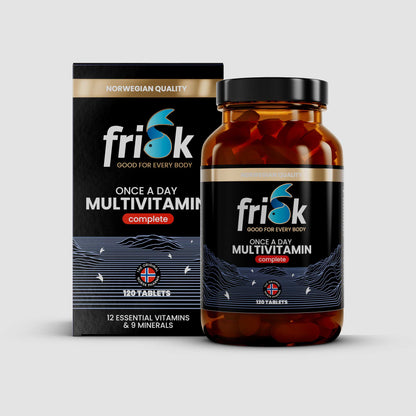 Front view of Frisk multivitamin supplement bottle original line beside packaging box for health and supplements