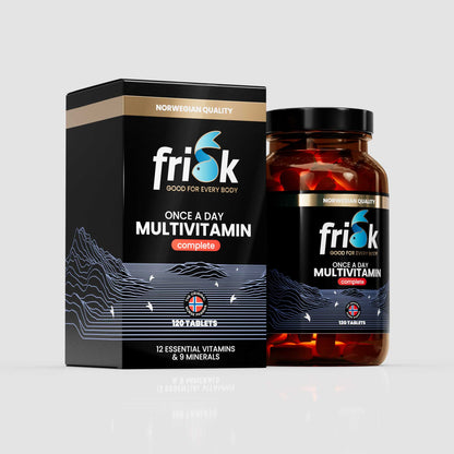 Side view of Frisk multivitamin supplement bottle original line beside packaging box for health and supplements