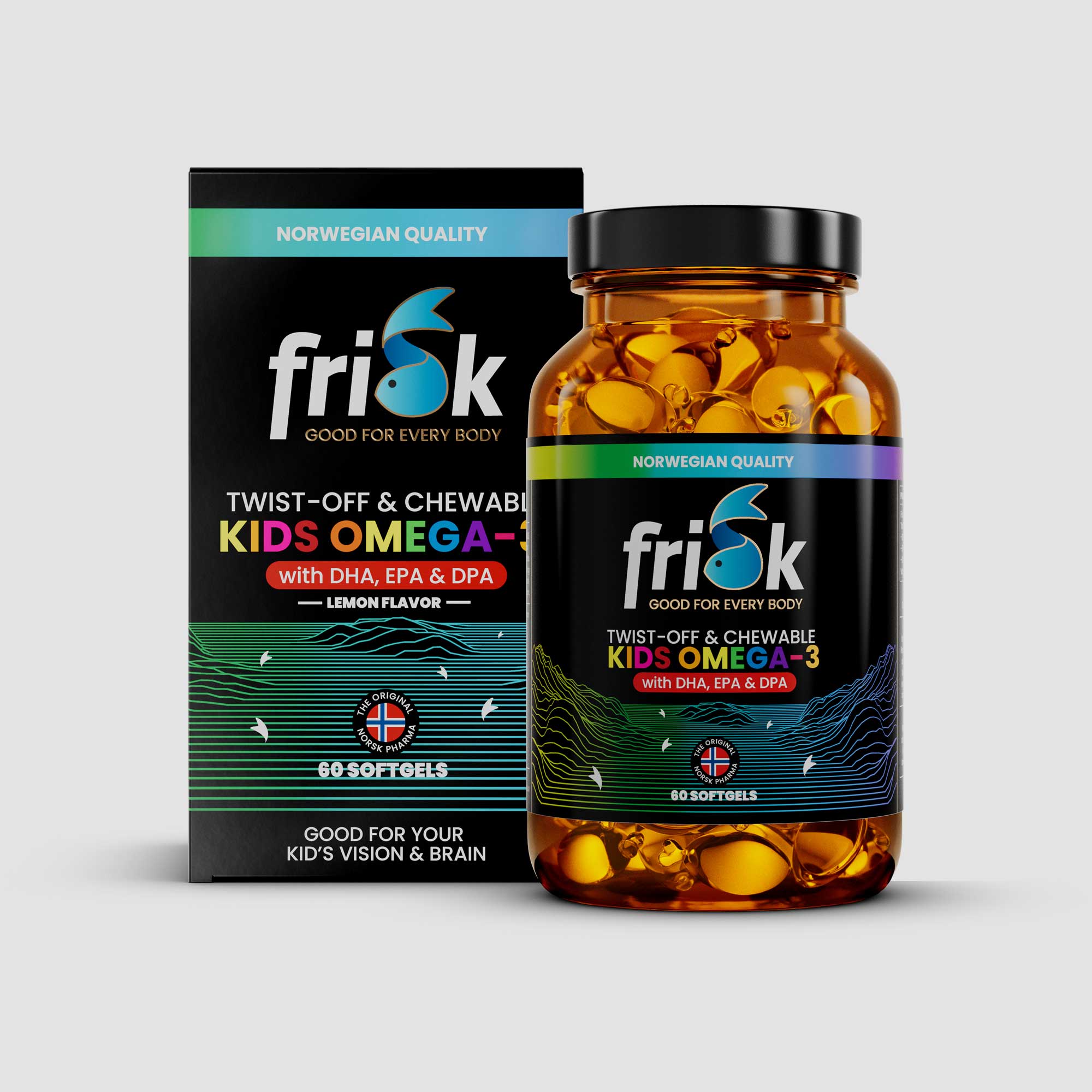 Front view of Frisk Omega-3 chewable supplement bottle arctic line beside packaging box for kids health and supplements