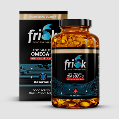 Front view of Frisk Omega 3 vitamin D3 vitamin A supplement bottle original line beside packaging box for health and supplements for families