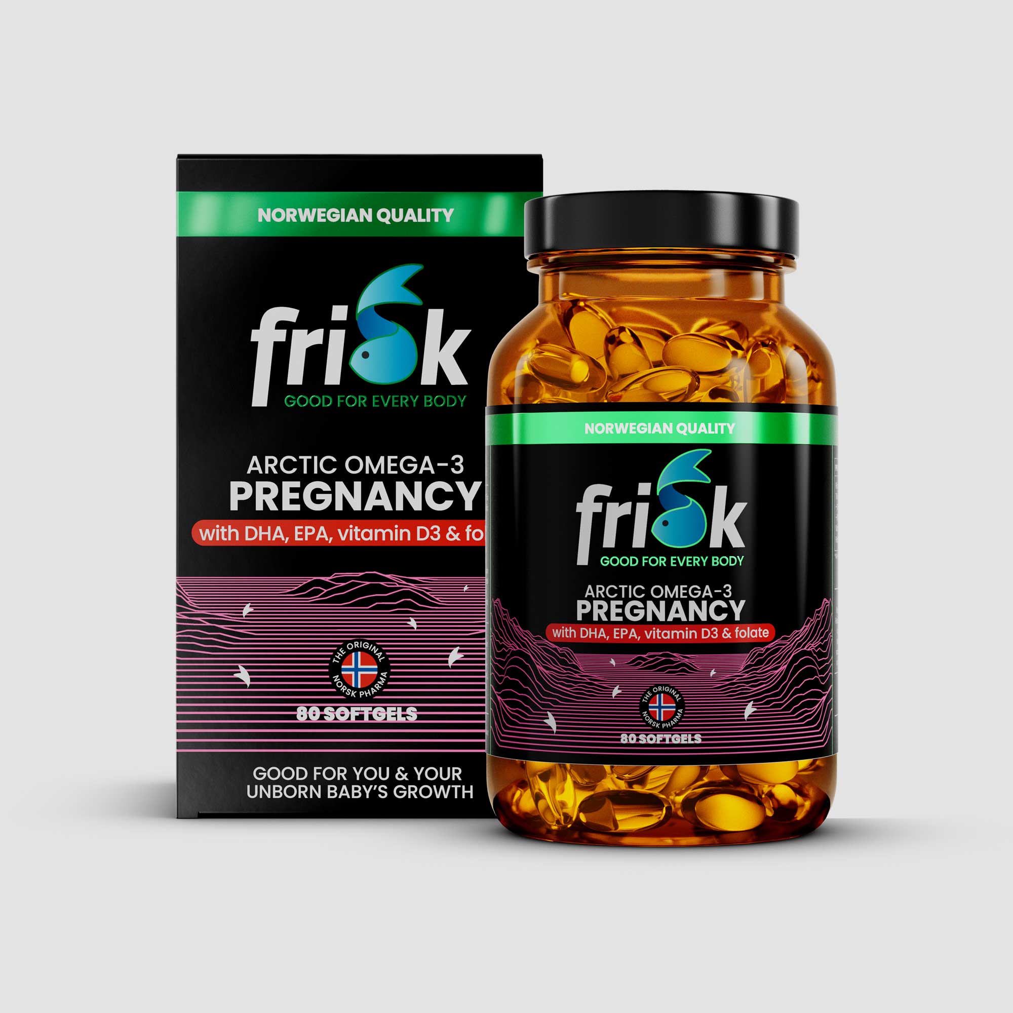 Front view of Frisk Omega 3 vitamin D3 supplement bottle arctic line beside packaging box health and supplements for pregnancy 