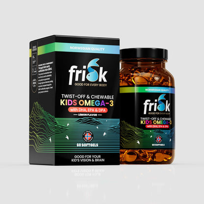 Side view of Frisk Omega-3 chewable supplement bottle arctic line beside packaging box for kids health and supplements