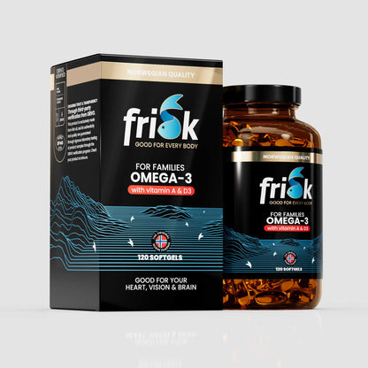 Side view of Frisk Omega 3 vitamin D3 vitamin A supplement bottle original line beside packaging box for health and supplements for families