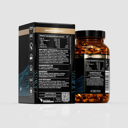 Back view of Omega 3 D3 vitamin A supplement bottle original line beside packaging box health and supplements for families