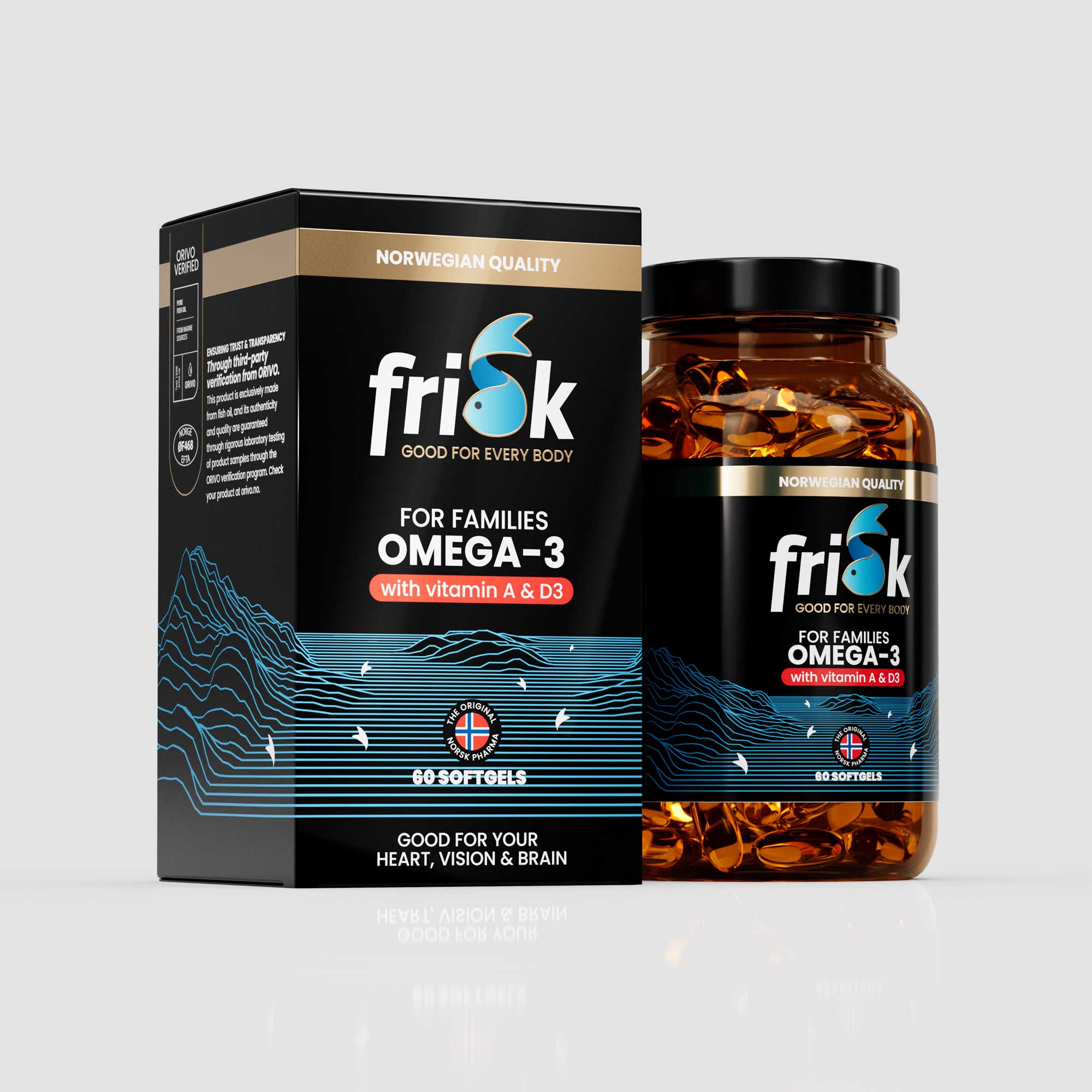 Side view of Omega 3 D3 vitamin A supplement bottle original line beside packaging box health and supplements for families