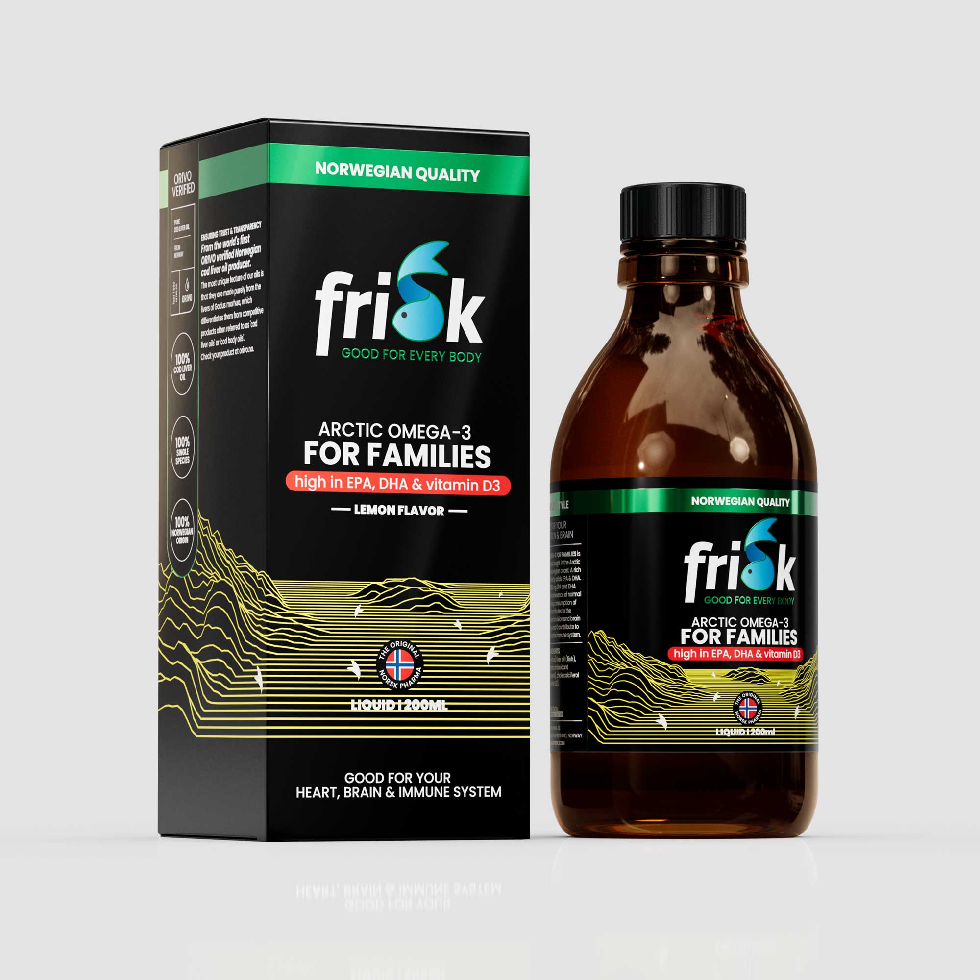 Side view of Frisk Omega-3 lemon flavour supplement 200 ml bottle beside packaging box for families health and supplements