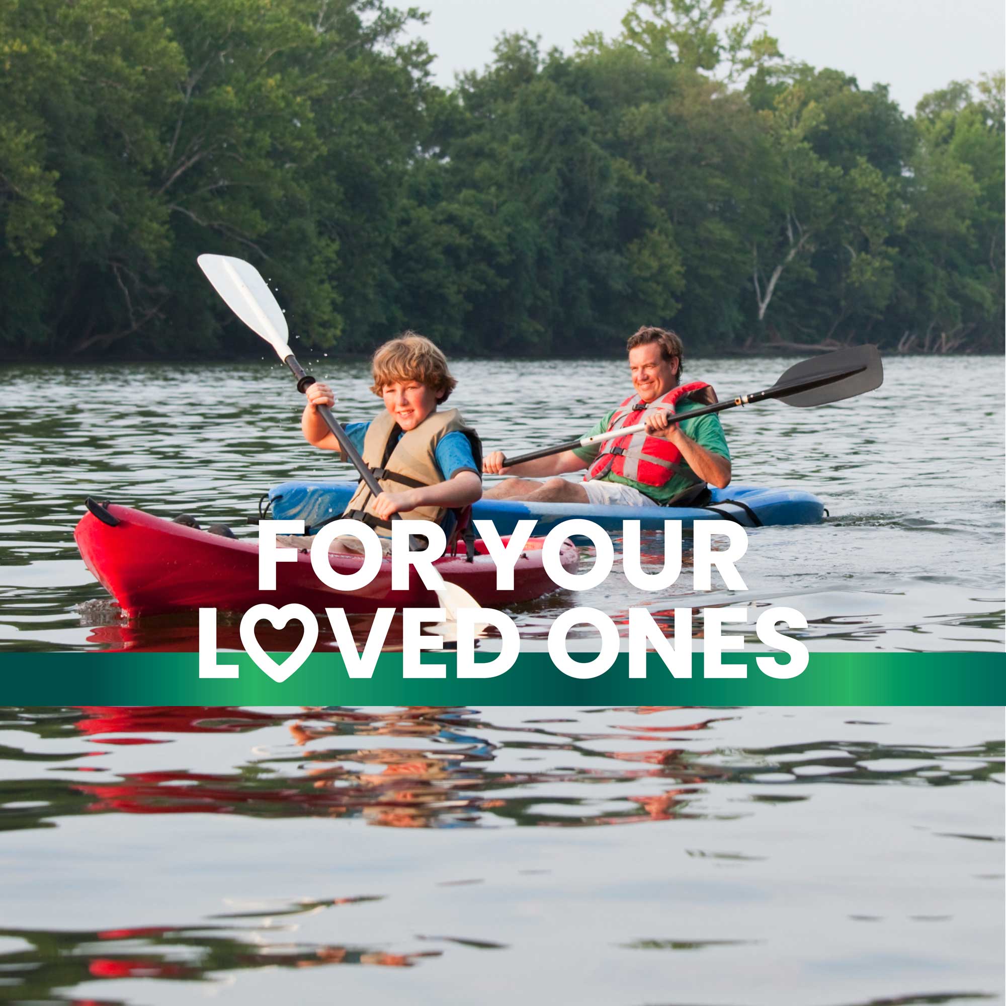 A boy and a dad paddling a kayak on the river promoting health lifestyle with Frisk supplements text overlay reads “For your loved ones”