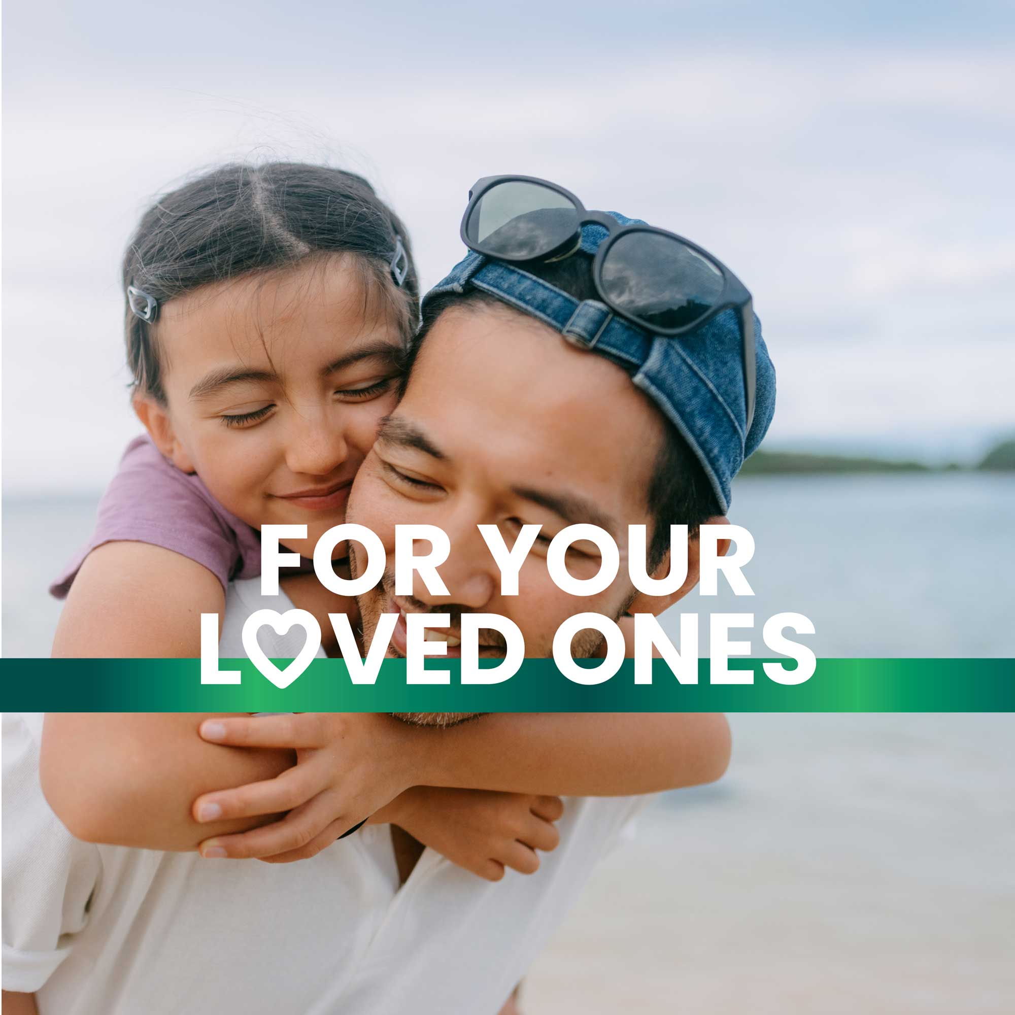 The daughter on the father's back smiling promoting a health lifestyle with Frisk supplements text overlay reads “For your loved ones”