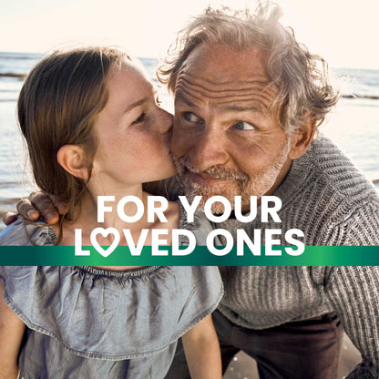 A girl kissing her grandad on the cheek promoting a healthy lifestyle with Frisk supplements text overlay reads “For your loved ones” 