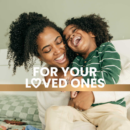 Kid on his mom’s lap smiling and happy, promoting a healthy lifestyle with Frisk supplements text overlay reads “For your loved ones” 