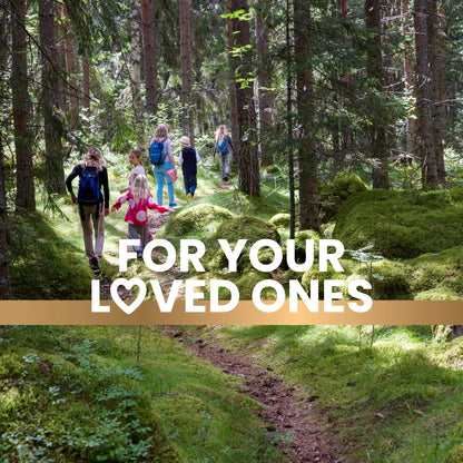 A mom walks with her five kids on a forest trail, enjoying a nature exploration that promotes an active and healthy lifestyle. Text overlay reads "For your loved ones."